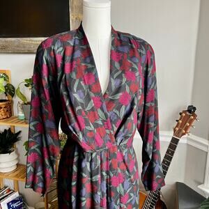 Vintage 80s Dark Floral Maxi Dress Faux Wrap Long Sleeve Size Medium